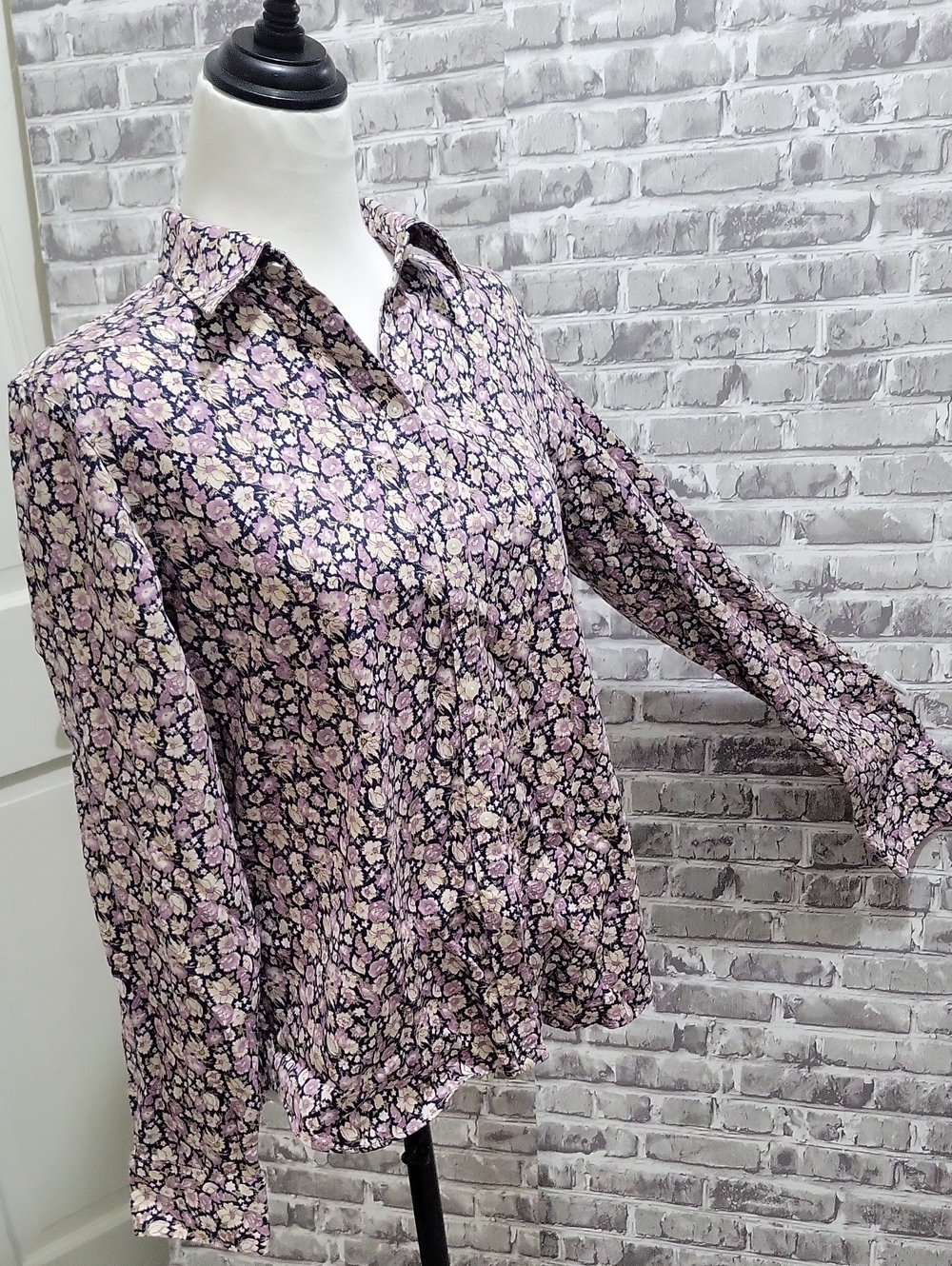 Chaps No Iron Purple And Cream Floral Button Down Shirt Womens Sz L Cottagecore
